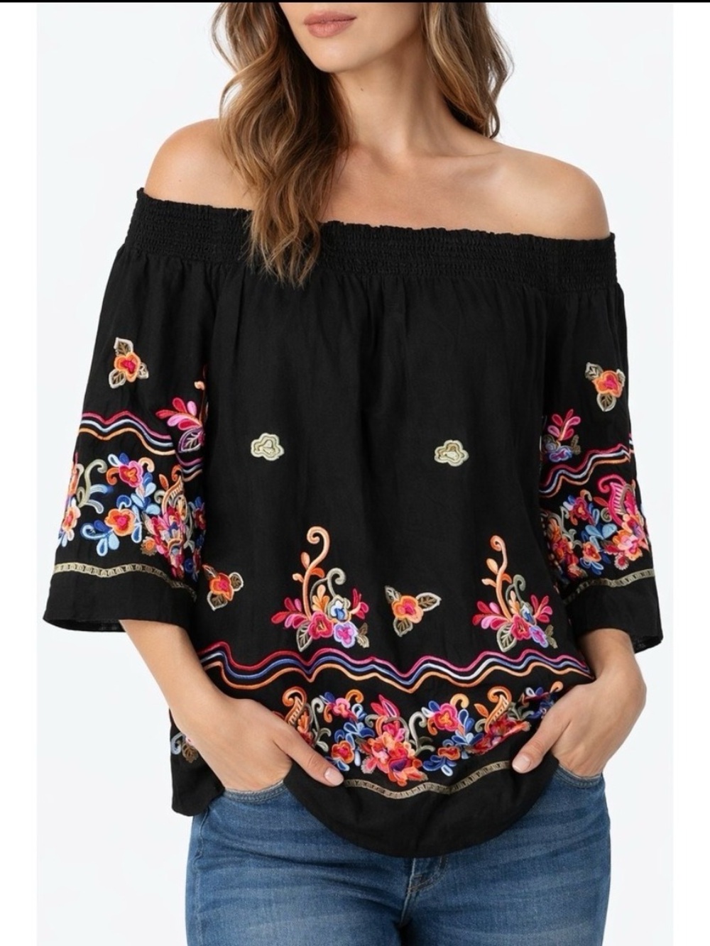 Studio West Black Off-Shoulder Embroidered Tunic - Picture 3 of 13